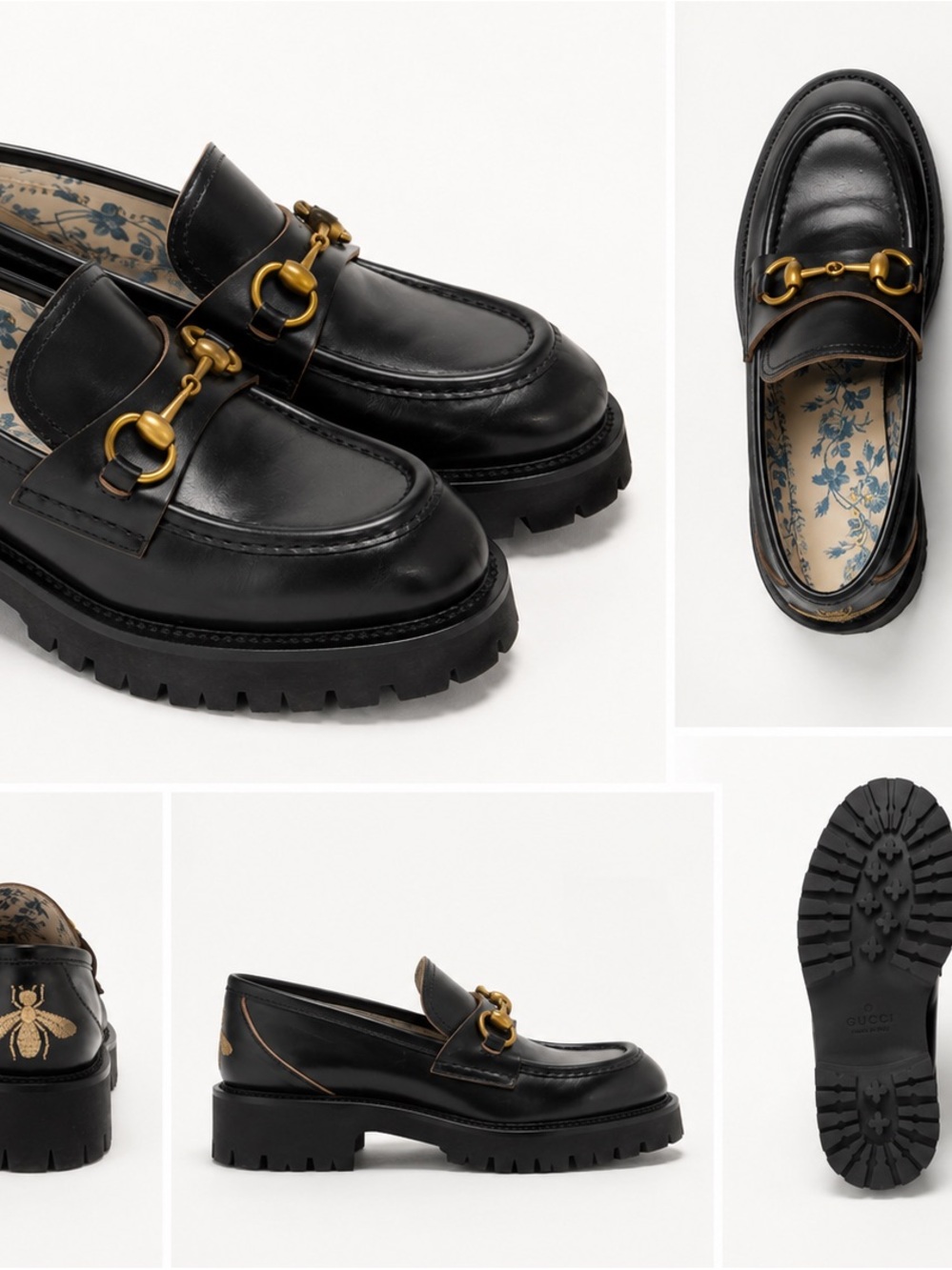 Gucci Black Leather Horsebit Lug Sole Loafers